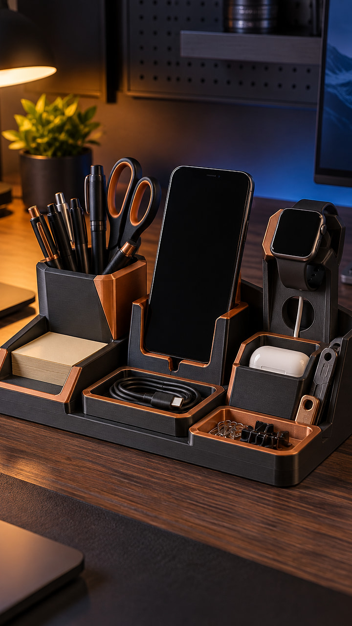 Ideia visual de organizador de mesa em impressão 3D