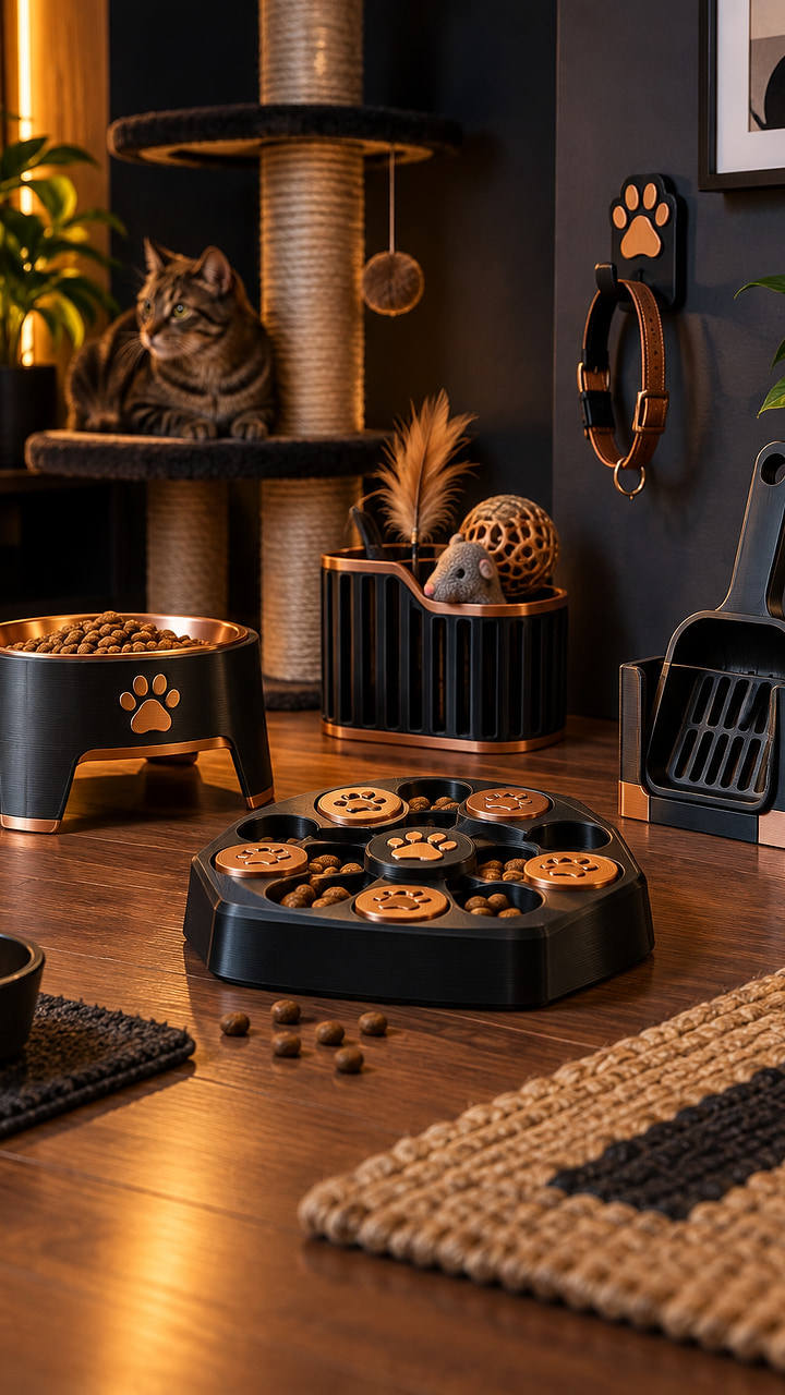 Ideia visual de acessórios para gatos e pets pequenos em impressão 3D