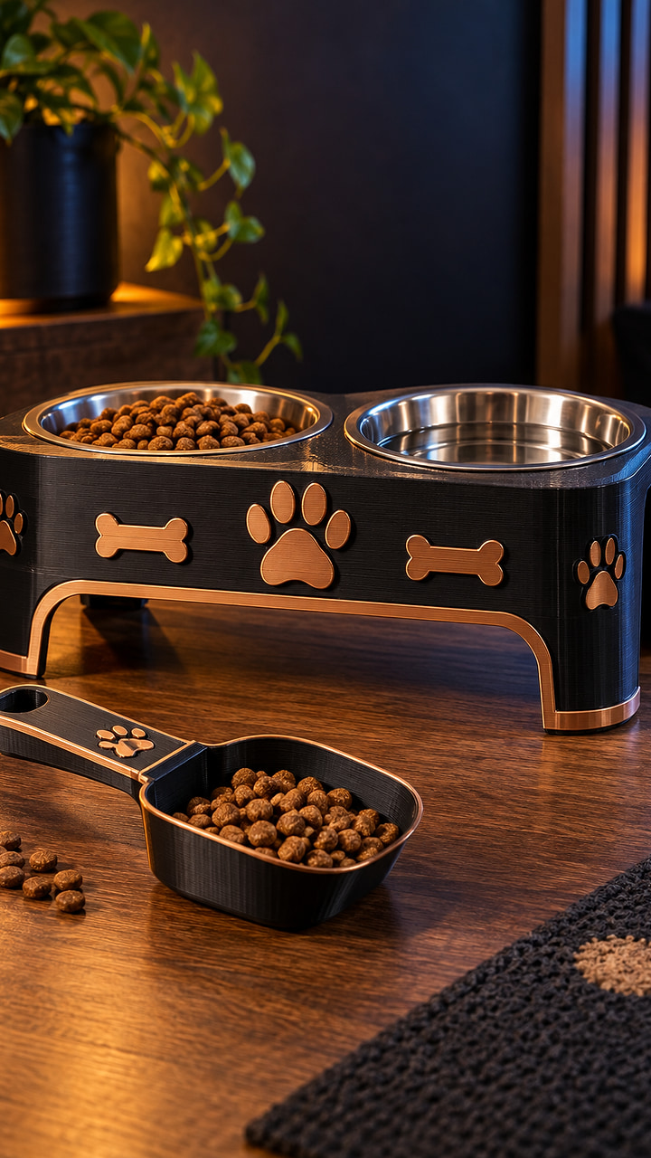 Ideia visual de kit pet personalizado em impressão 3D
